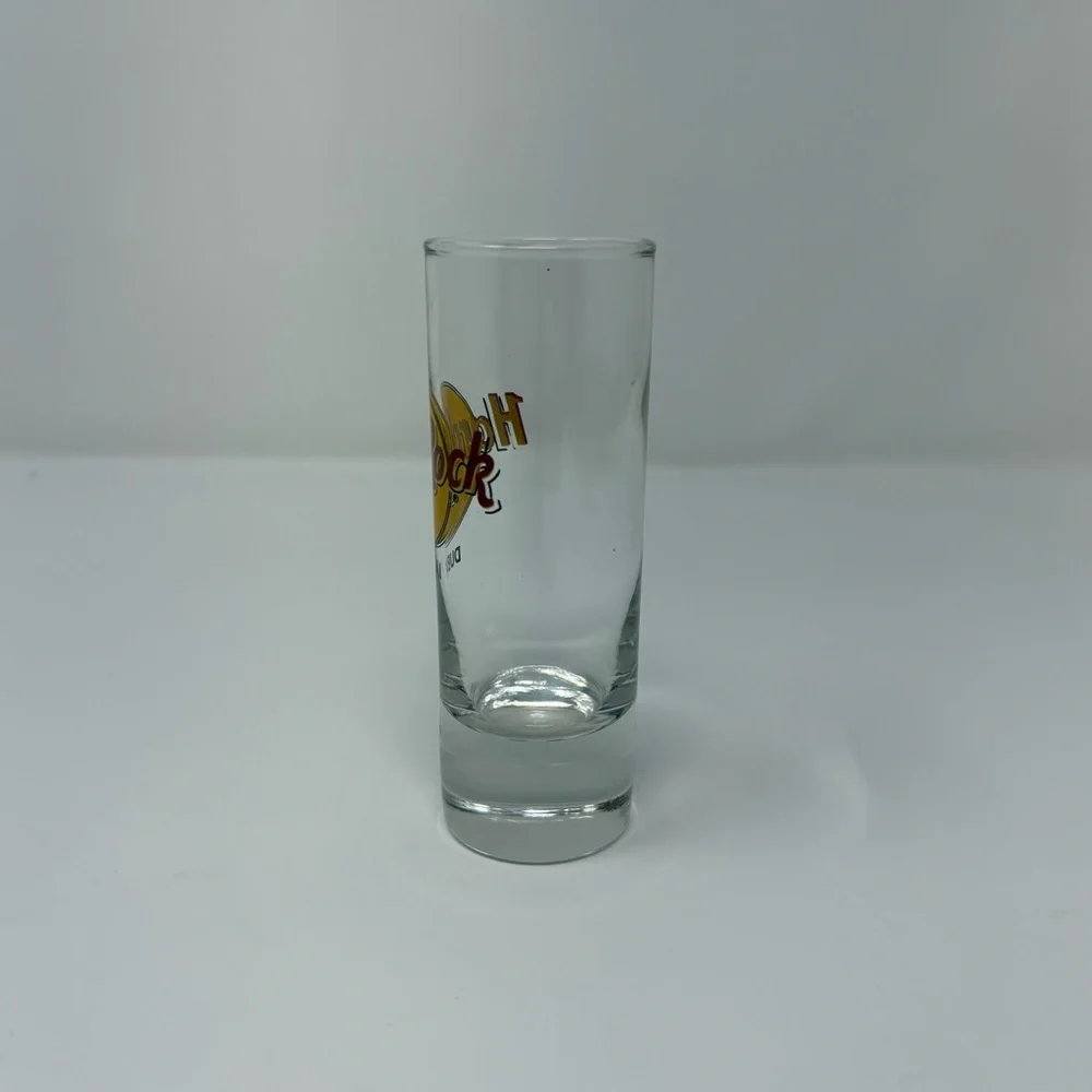 Hard Rock Cafe Dubai HRC Clear Shot Glass with Red and Yellow Logo 4” Tall